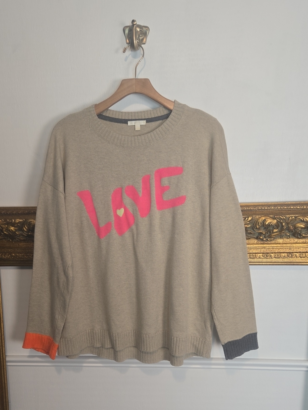 Lisa Todd Cashmere Cotton Beige Crewneck Sweater with Pink LOVE Graphic Large